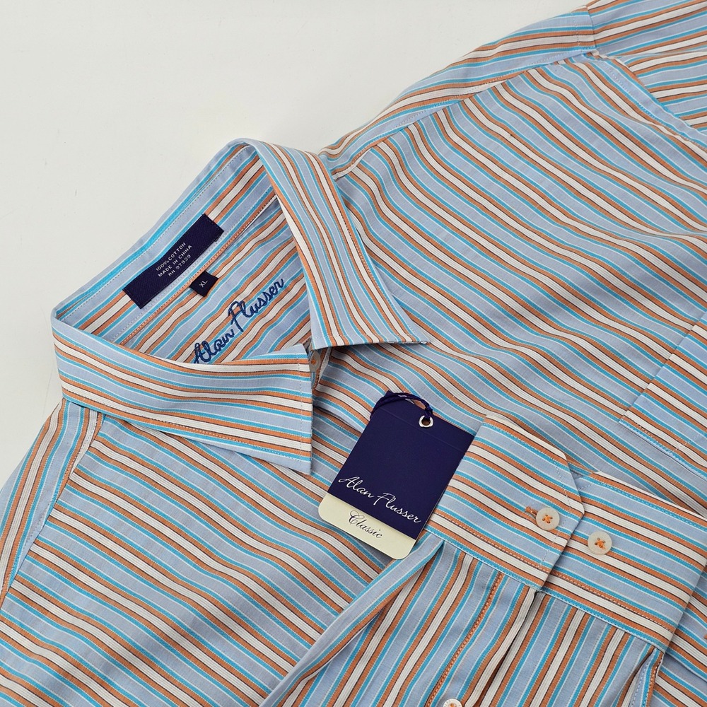 Alan Flusser Button Down Shirt Mens XL Blue Orange Striped Long Sleeve Cotton